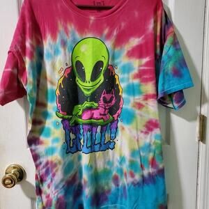 Tie-Dye Alien and Cat Graphic T-Shirt XXL